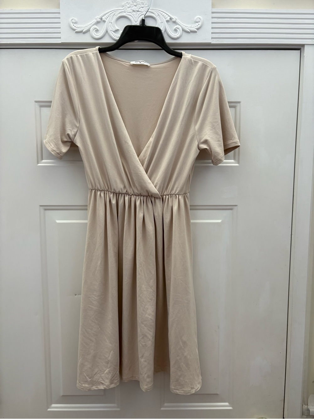 Zenana Outfitters Beige Wrap-Style Short Sleeve Mini Dress